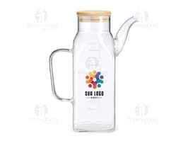 Carafe en verre borosilicate de 1 litre transparente, avec poignée et couvercle en plastique.
