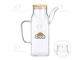 Carafe en verre borosilicate de 1 litre transparente, avec poignée et couvercle en plastique.