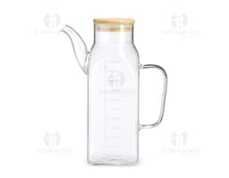 Carafe en verre borosilicate de 1 litre transparente, avec poignée et couvercle en plastique.