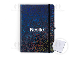 Holographic notebook without lines with a vintage design and floral texture. Decorative cover with golden ornaments and an