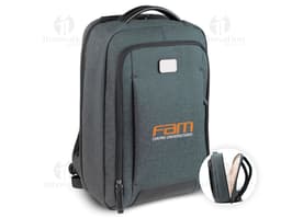 Mochila Premium para notebook em couro preto com alças, zíper e compartimento para guardar objetos pessoais e equipamentos