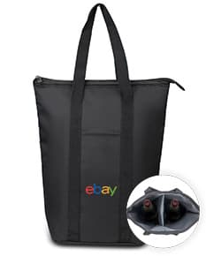 Bolsa térmica preta e marrom, de estilo moderno e elegante, com alça de couro e zíper. Ideal para viagens ou compras, oferecendo armazenamento térmico para alimentos ou bebidas.