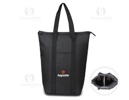 Bolsa térmica preta e marrom, de estilo moderno e elegante, com alça de couro e zíper. Ideal para viagens ou compras