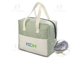 Bolsa térmica de couro marrom e preto, com alça e zíper. A bolsa está vazia e destaca-se pela elegância e modernidade.
