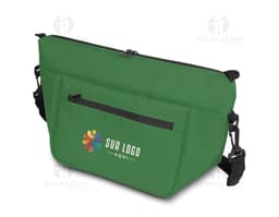 Bolsa térmica preta de couro com alça e zíper, elegante e moderna, ideal para transportar alimentos e mantê-los frescos por