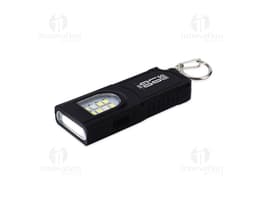Chaveiro Lanterna Recarregável preto com botões e teclado para controle, display digital, conexão wireless, tecnologia
