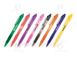Colorful plastic pen highlighted on a white sheet of paper, alongside other writing and drawing materials, including pencils