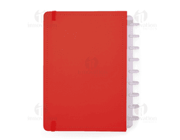 Caderno de Disco em branco com capa listrada amarela e textura de couro aberto em cima de uma pilha de papéis e notas, com um