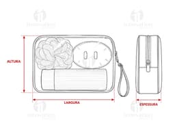 Kit Viagem 4 Peças contendo container, pencil box, bag e button. Os objetos são 3D e possuem um design moderno e colorido. O