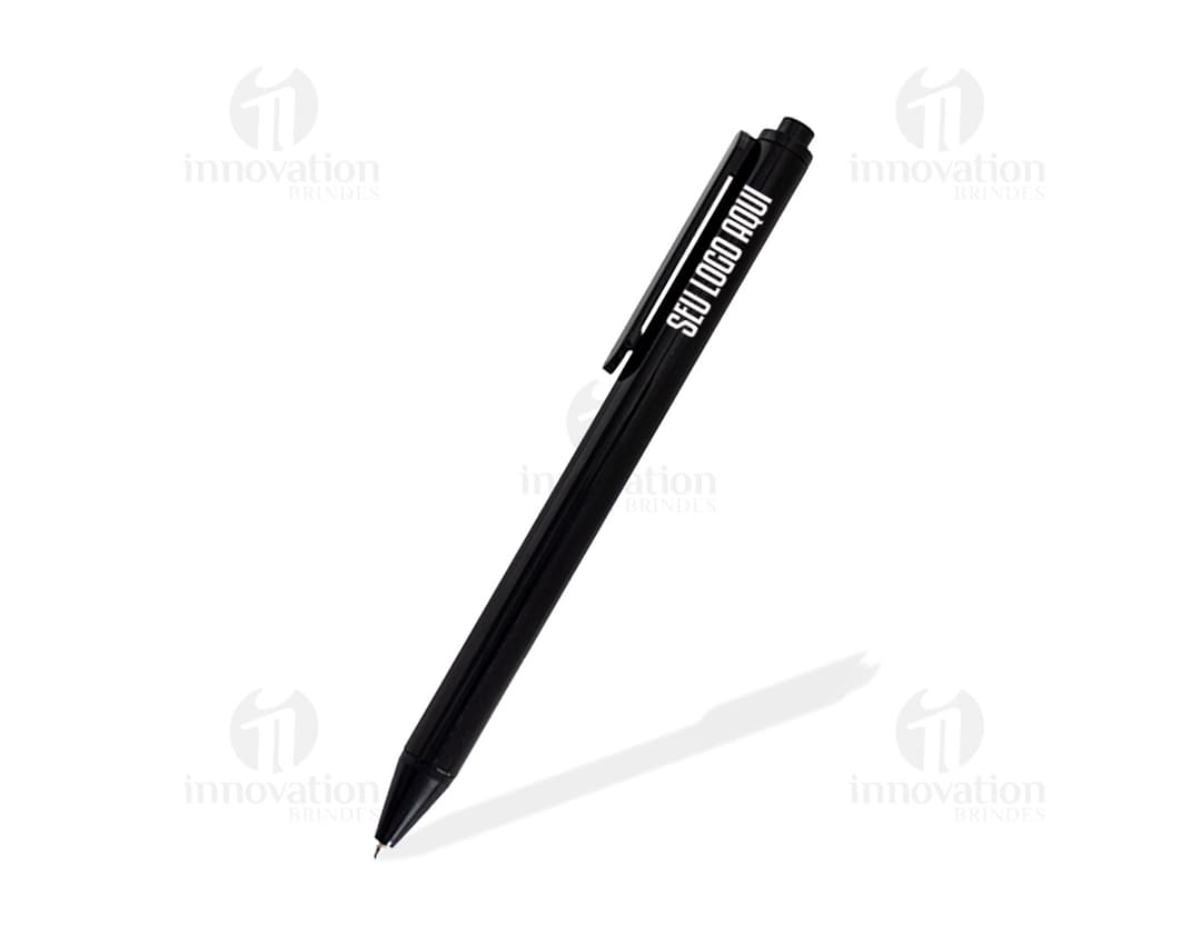 Caneta plástica colorida com design moderno, ideal para uso em escritório, escola ou em apresentações. Pode ser usada para