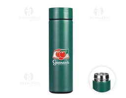 Garrafa térmica de 480ml em metal prateado, objeto de higiene e cuidados pessoais. Elegante e brilhante, ideal para armazenar