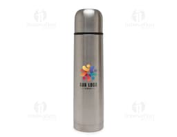 Garrafa térmica de 750ml em metal prateado, com tampa e design vertical. A garrafa está vazia e possui um rótulo preto.