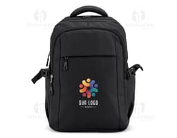 Black leather backpack and fanny pack, ideal for travel, business, and leisure. A suited man holds the backpack's handle