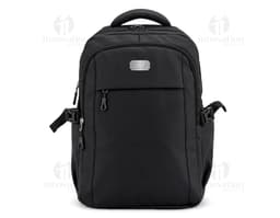 Black leather backpack and fanny pack, ideal for travel, business, and leisure. A suited man holds the backpack's handle