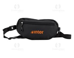Black leather backpack and fanny pack, ideal for travel, business, and leisure. A suited man holds the backpack's handle
