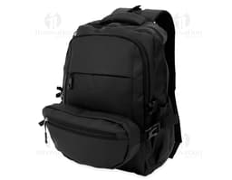 Black leather backpack and fanny pack, ideal for travel, business, and leisure. A suited man holds the backpack's handle