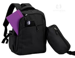 Black leather backpack and fanny pack, ideal for travel, business, and leisure. A suited man holds the backpack's handle