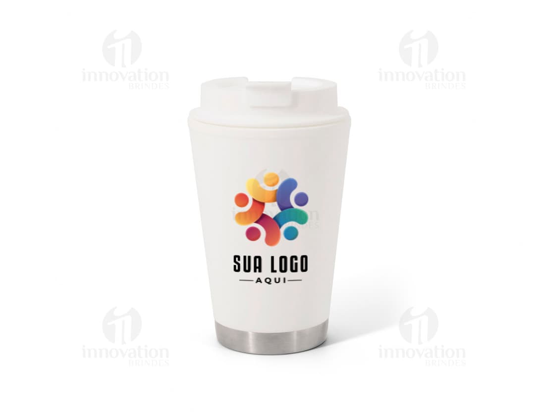 Black PP travel container, 3D, made of metal, with a lid and cylinder design. The mug is suitable for hot beverages like