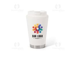 Black PP travel container, 3D, made of metal, with a lid and cylinder design. The mug is suitable for hot beverages like