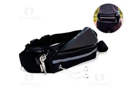 Pochete esportiva de couro preto com fivela, usada como suporte e acessório de moda para guardar dinheiro, chaves e objetos
