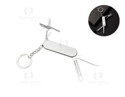 Chaveiro canivete 3 funções de metal prateado, com mecanismo de abrir e fechar, ideal para segurança e controle de acesso.