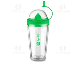Um copo espremedor de 500ml transparente, feito de plástico, com capacidade para armazenar líquidos e frutas. Ideal para