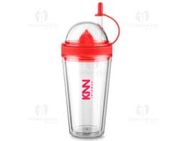 Um copo espremedor de 500ml transparente, feito de plástico, com capacidade para armazenar líquidos e frutas. Ideal para