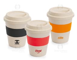 Copo de viagem de bambu com revestimento de silicone, com capacidade de 380ml.