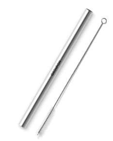Canudo de metal prateado ideal para drinks e coquetéis. Reutilizável e ecologicamente correto, perfeito para brindes empresariais. Aproveite!
