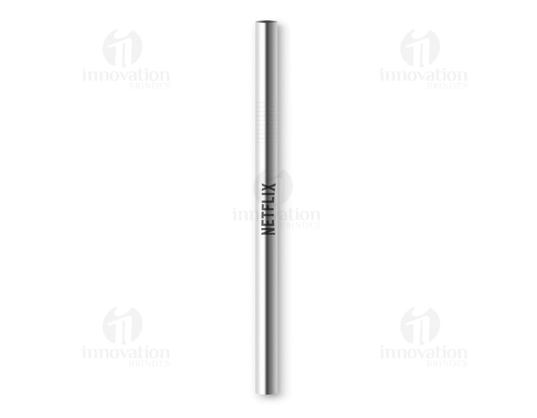 Canudo de metal prateado ideal para drinks e coquetéis. Reutilizável e ecologicamente correto, perfeito para brindes