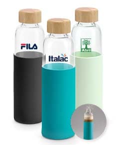 Squeez de vidro com tampa de bambu e revestimento de silicone, capacidade de 600ml.