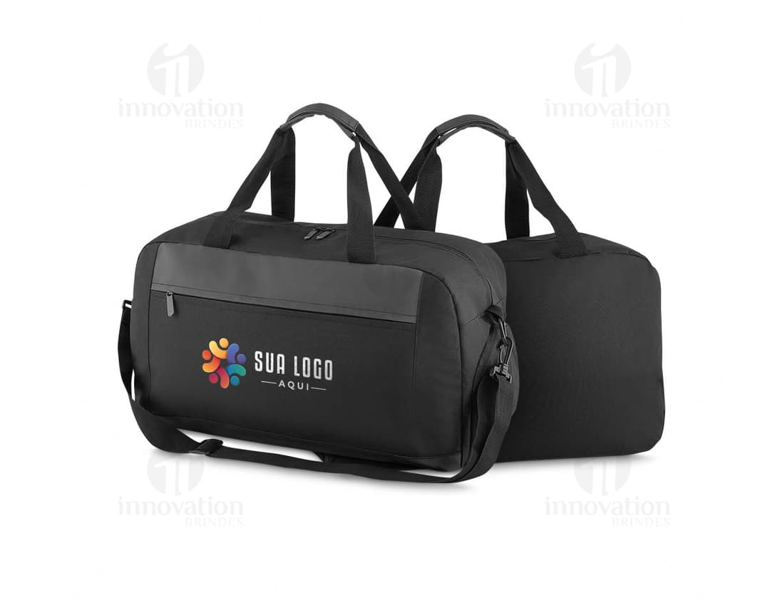 Modern black sports bag with leather strap, wet compartment, zipper closure, ideal for travel and sports activities.