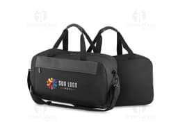 Modern black sports bag with leather strap, wet compartment, zipper closure, ideal for travel and sports activities.