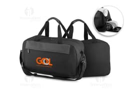 Modern black sports bag with leather strap, wet compartment, zipper closure, ideal for travel and sports activities.