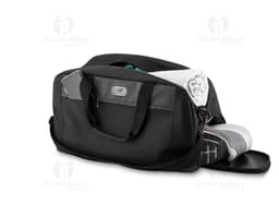 Modern black sports bag with leather strap, wet compartment, zipper closure, ideal for travel and sports activities.