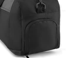 Modern black sports bag with leather strap, wet compartment, zipper closure, ideal for travel and sports activities.