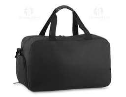 Modern black sports bag with leather strap, wet compartment, zipper closure, ideal for travel and sports activities.