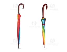 Paraguas con mango de madera en un diseño colorido y moderno, representando protección contra la lluvia. El patrón en