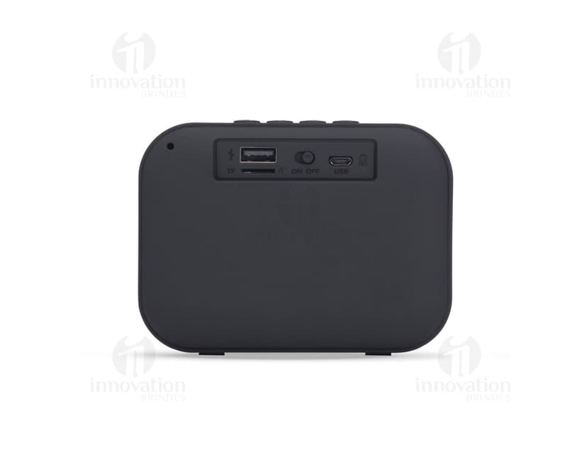 Caixa som multimídia emborrachada, item de tecnologia equipado com botões e display. Design moderno e metalizado, ideal para uso em escritórios, escolas e em casa.