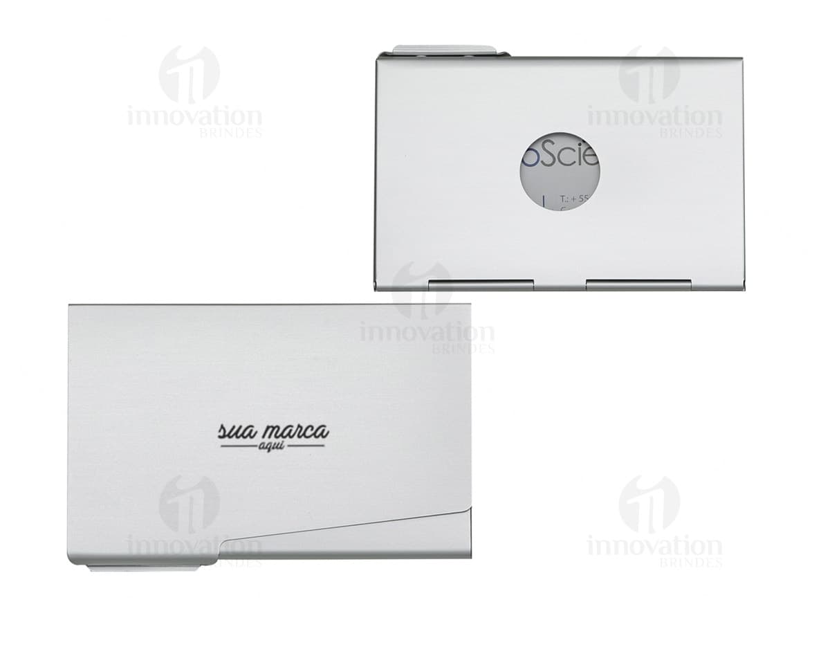 Porta cartão de alumínio vazio para negócios modernos. Mantenha seus cartões de visita organizados com este design clean e elegante. Perfeito para escritórios e ambientes corporativos. Adquira já o seu!