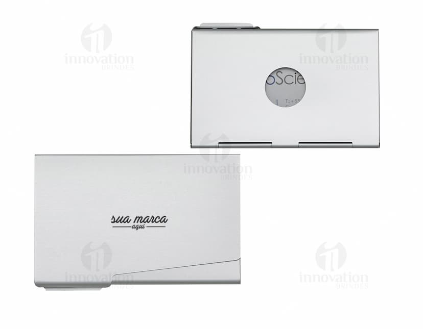 Porta cartão de alumínio vazio para negócios modernos. Mantenha seus cartões de visita organizados com este design clean e elegante. Perfeito para escritórios e ambientes corporativos. Adquira já o seu!