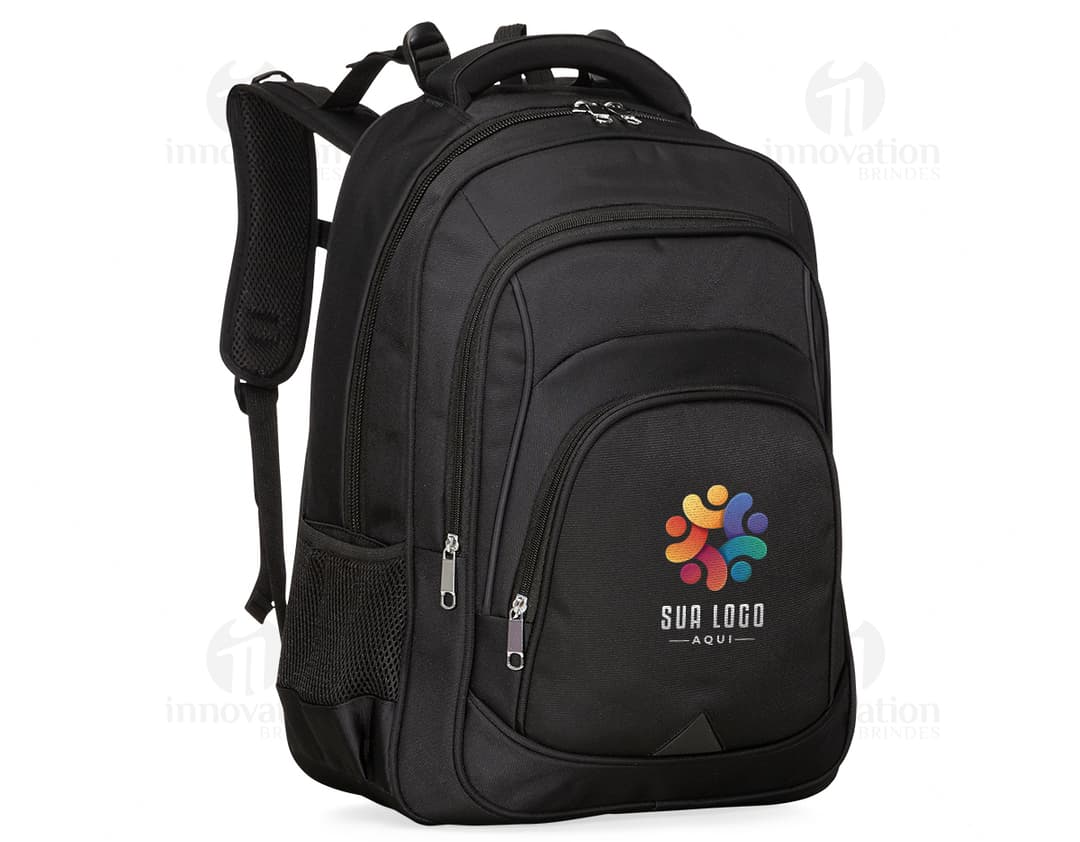 Black polyester backpack, modern and elegant, with straps, zippers, pockets, and storage compartments. Ideal for travel