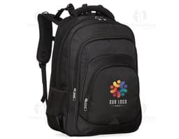 Black polyester backpack, modern and elegant, with straps, zippers, pockets, and storage compartments. Ideal for travel