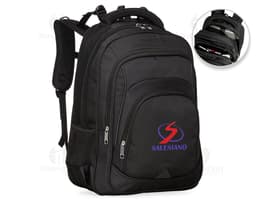 Black polyester backpack, modern and elegant, with straps, zippers, pockets, and storage compartments. Ideal for travel