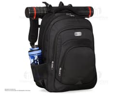 Black polyester backpack, modern and elegant, with straps, zippers, pockets, and storage compartments. Ideal for travel