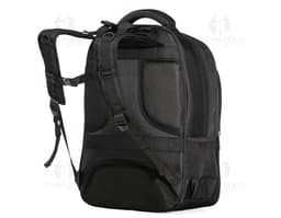 Black polyester backpack, modern and elegant, with straps, zippers, pockets, and storage compartments. Ideal for travel