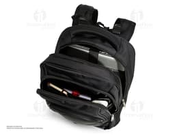 Black polyester backpack, modern and elegant, with straps, zippers, pockets, and storage compartments. Ideal for travel