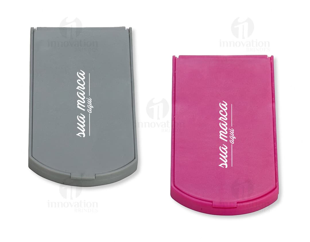 Espelho plástico moderno e tecnológico para brindes corporativos. Ideal para personalização com sua logo. Acessório versátil