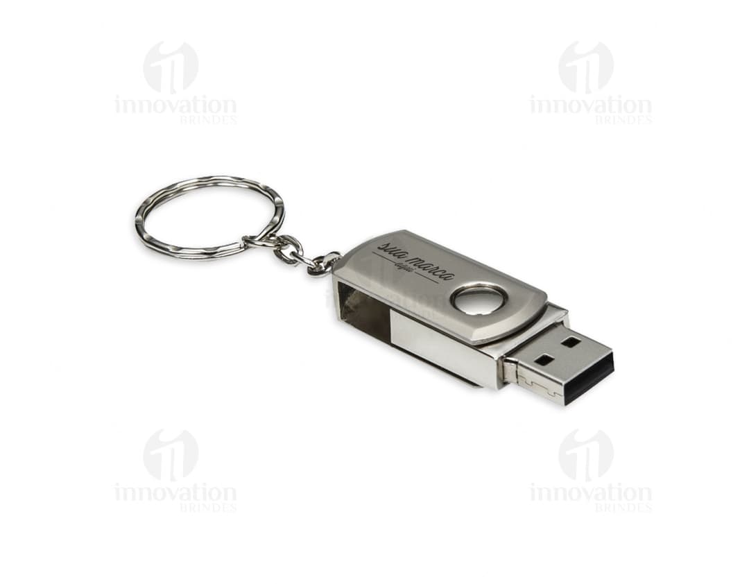 Dispositivo giratório de 4GB em forma de pen drive, feito de metal prateado e com um mecanismo de fecho seguro. Ideal para