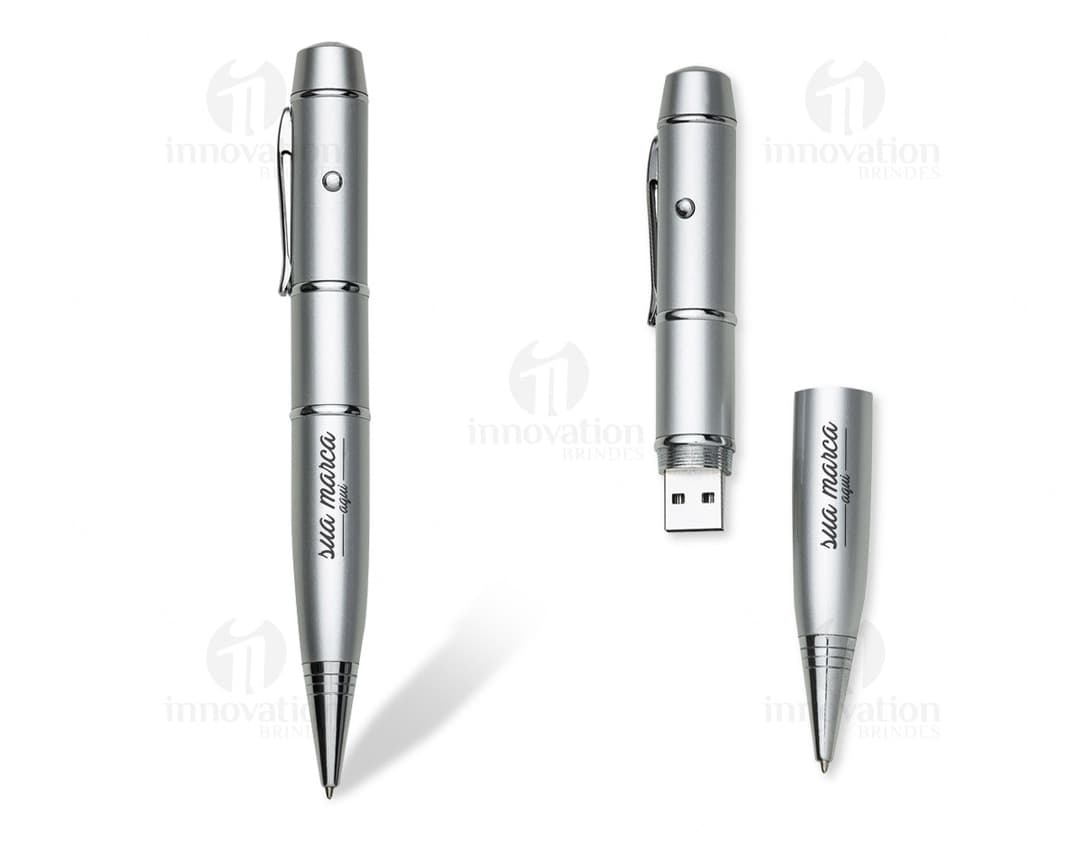 Caneta Pen Drive 4GB com design clássico e tecnologia de ponta. Feita em aço inoxidável e plástico cromado, possui acabamento